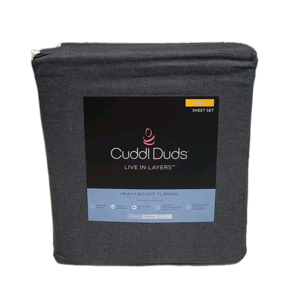 Cuddl Duds Heavyweight Brushed Cotton FULL Flannel Sheet Set Deep Fit Charcoal